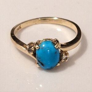 SALE! 14K Turquoise Diamond Solid Gold Ring